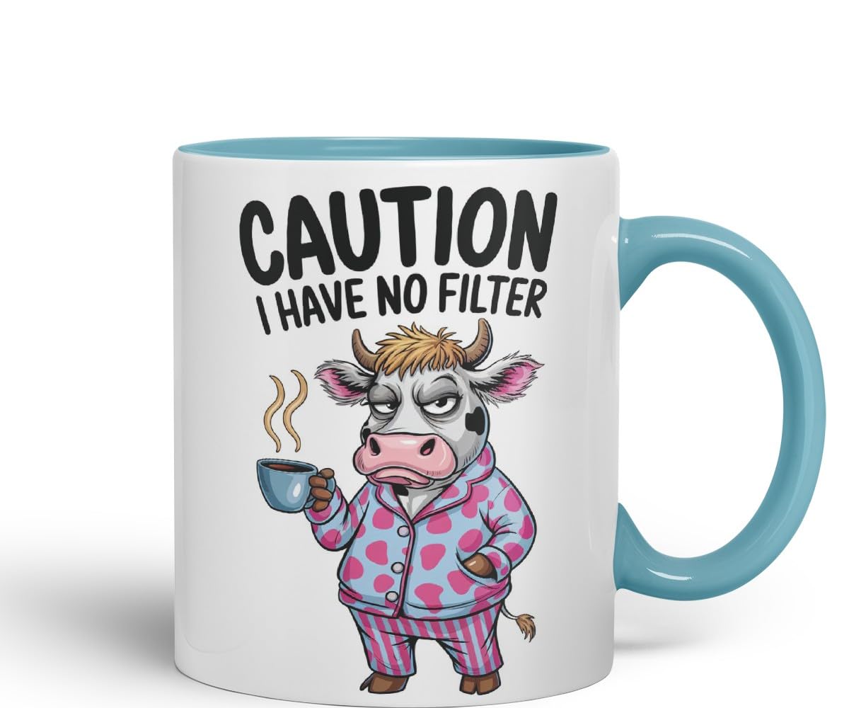 Vixar Caution I Have No Filter Cow Joke Coloured Ceramic Mug Cup Gift, 11oz (Black)
