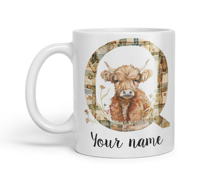 Vixar Personalised Highland Cow Initial Letter Q Custom Name Mug – Coloured Ceramic Mug Cup Gift, 11oz (Black)