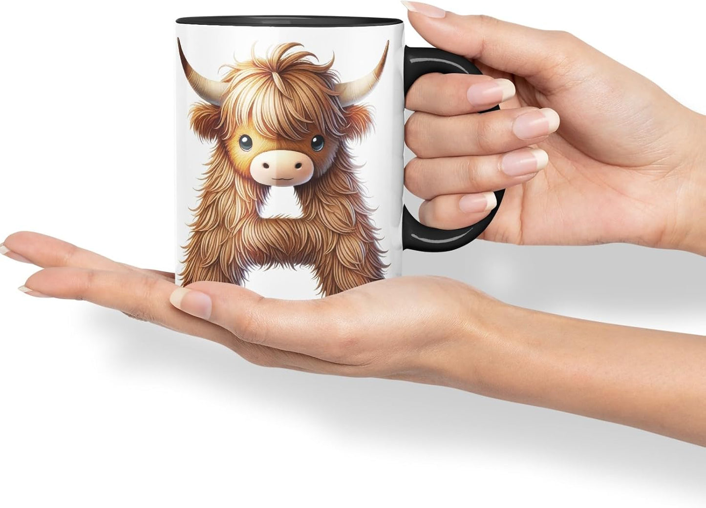 Highland Cow Alphabet Monogram Coloured Ceramic Cup Mug Letter A Rustic Farmhouse Animal Letter Gift V2 11oz (Black)
