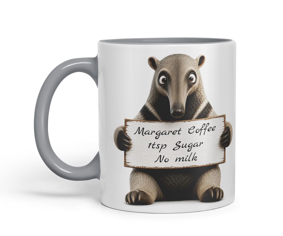 Vixar Personalised Anteater Mug with Name or Custom Message – Cute Animal Coloured Ceramic Mug Cup Gift, 11oz (Black)