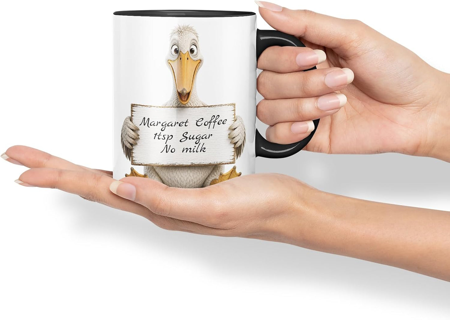 Vixar Personalised Pelican Mug with Name or Custom Message – Cute Animal Coloured Ceramic Mug Cup Gift, 11oz (Black)