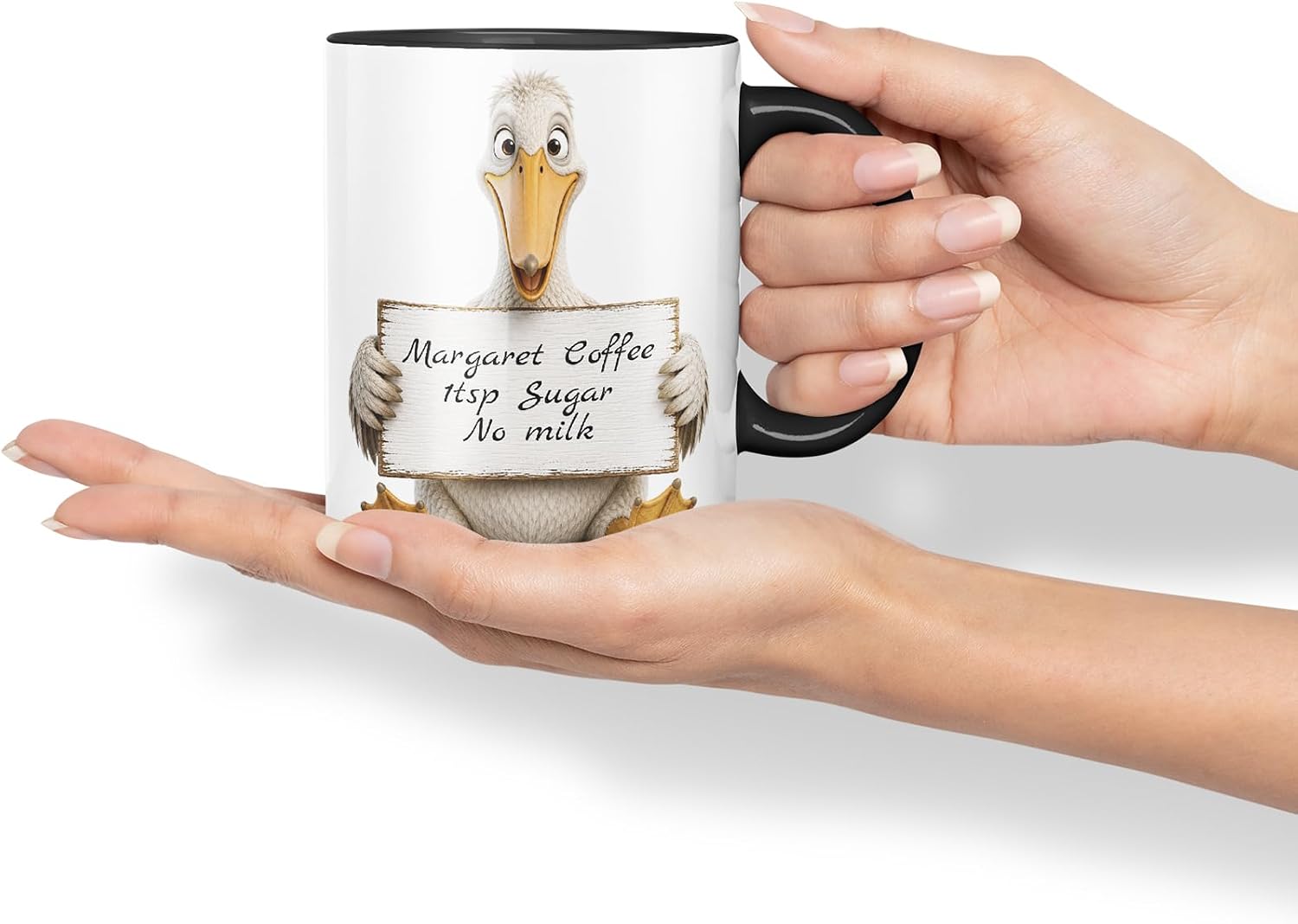 Vixar Personalised Pelican Mug with Name or Custom Message – Cute Animal Coloured Ceramic Mug Cup Gift, 11oz (Black)