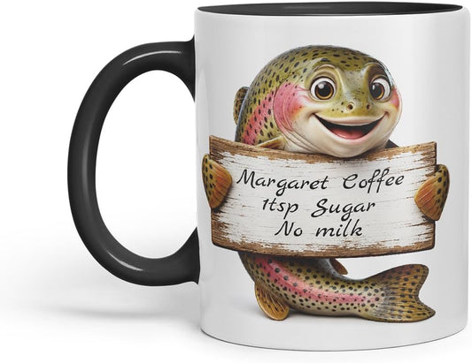 Vixar Personalised Trout Fish Mug with Name or Custom Message – Cute Animal Coloured Ceramic Mug Cup Gift, 11oz (Black)