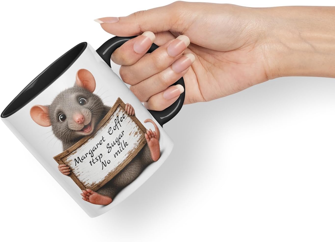 Vixar Personalised Rat Mug with Name or Custom Message – Cute Animal Coloured Ceramic Mug Cup Gift, 11oz (Black)