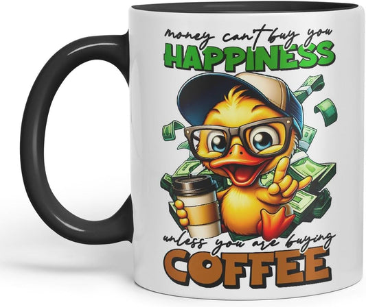 Vixar Mug with Text: Money Can’t Buy You Happiness (Unless You are Buying Coffee) Coloured Ceramic Mug Cup 11oz Funny Sarcastic Gift (Black)