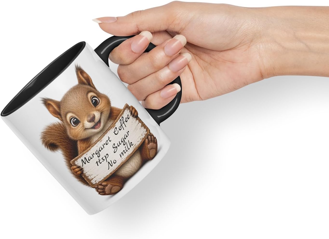 Vixar Personalised Squirrel Mug with Name or Custom Message – Cute Animal Coloured Ceramic Mug Cup Gift, 11oz (Black)