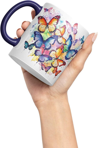 Vixar Ceramic Mug “Rainbow Butterflies” – Coloured Coffee & Tea Mug Cup 11oz 330ml (Navy)