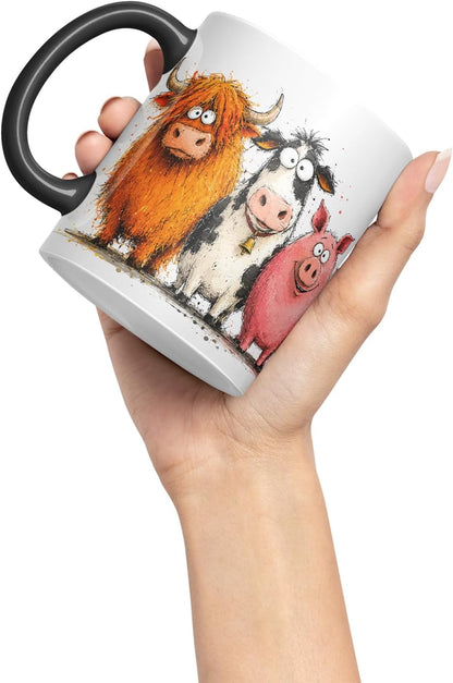 Vixar Farm Animals Mug – Cute Farm Animal Coloured Ceramic Mug Cup Gift, 11oz (Black)