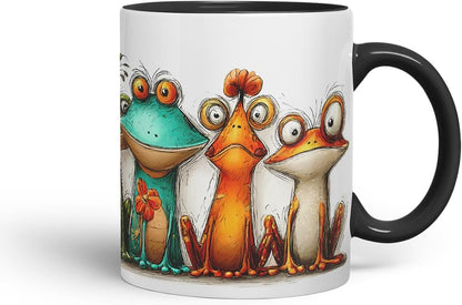 Vixar Funny Colourful Frog Friends Design – Cute raptile Character Mug for Animals Lovers, Coloured Mug Cup Gift, 11oz (Black)