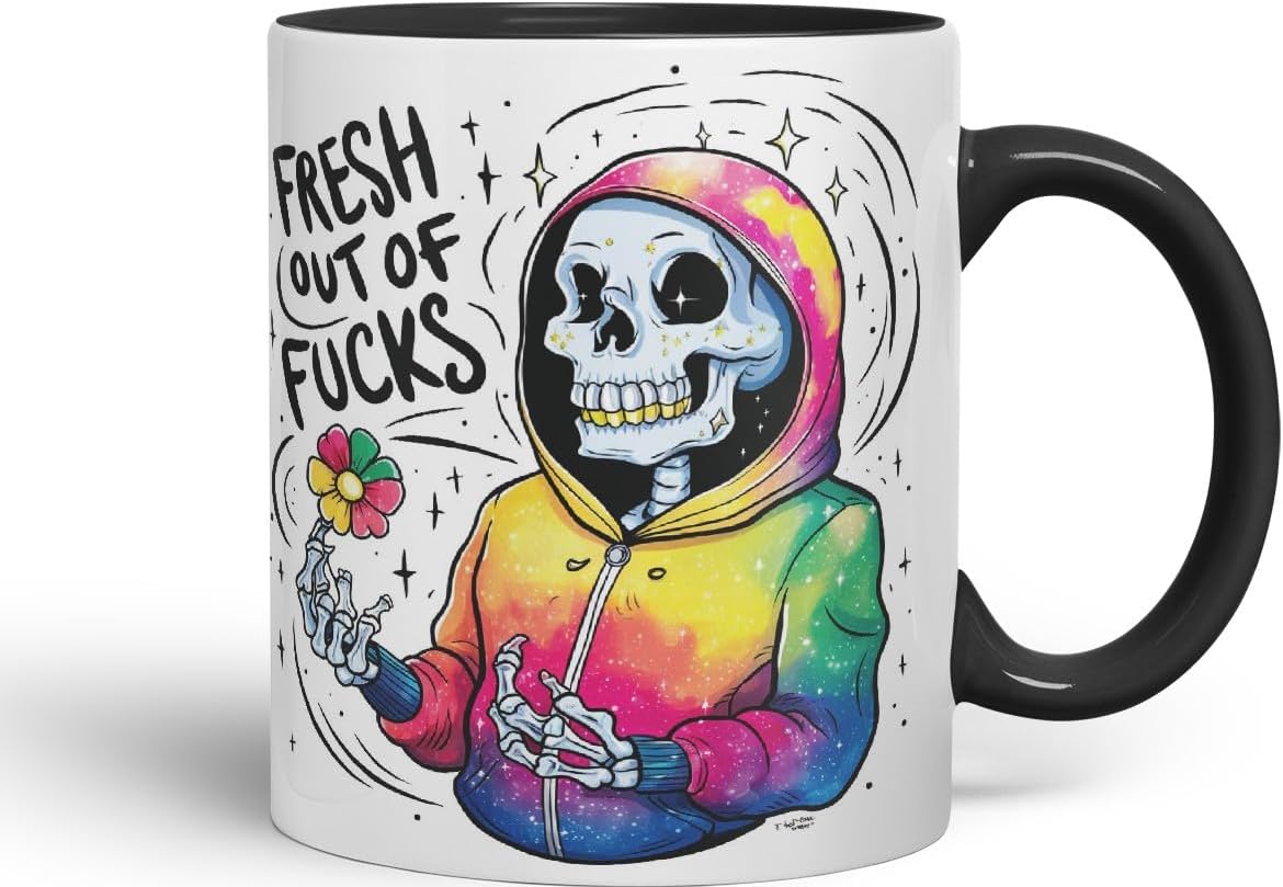 Vixar Fresh Out of Fs (Skeleton Hoodie) – Coloured Ceramic Mug Cup Gift, 11oz (Black)