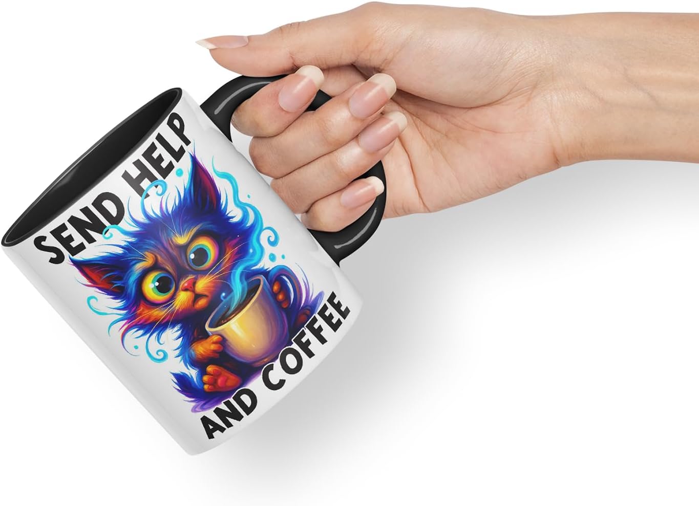 Vixar Send Help and Coffee Funny Cat Coffee Mug – Coloured Ceramic Mug Cup Gift, 11oz (Black)