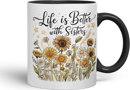Vixar Life is Better with Sisters Coloured Mug Cup Floral Sister Gift 11oz (Black)