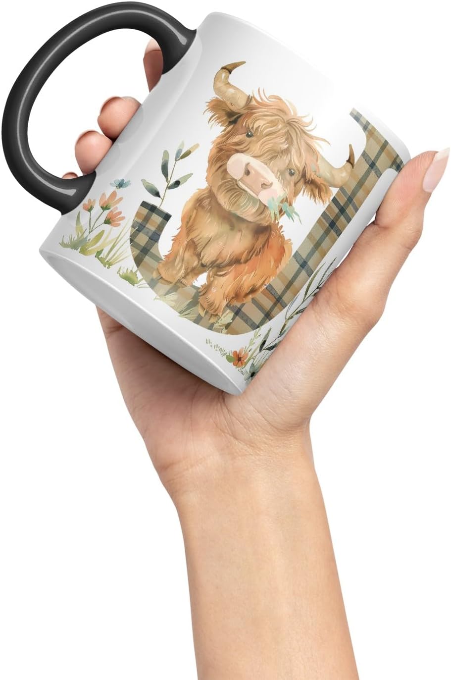 Vixar Highland Cow Alphabet Monogram Coloured Ceramic Cup Mug – Letter J – Rustic Farmhouse Animal Letter Gift – 11oz (Black)