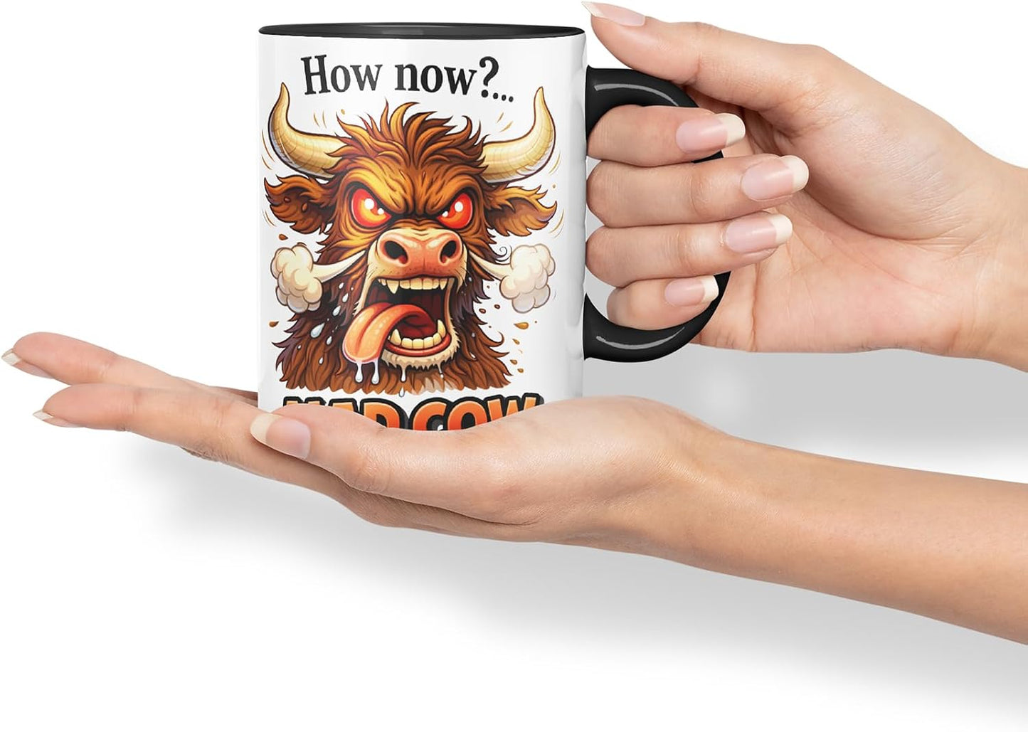 Vixar How Now Mad Cow Funny Highland Cow Mug – Coloured Ceramic Mug Cup Gift, 11oz (Black)