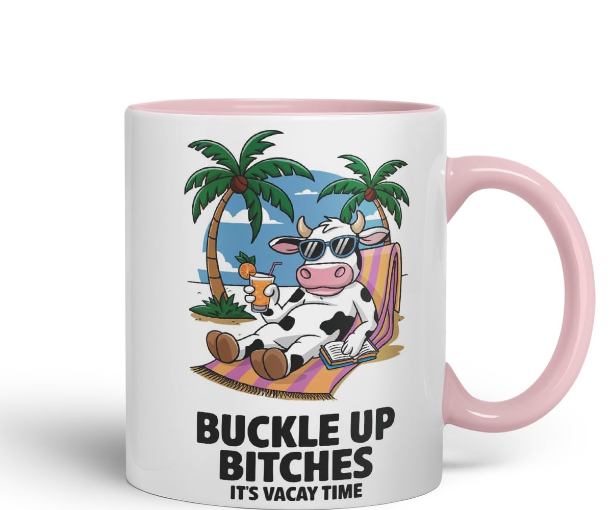 Vixar Buckle Up Bit... It’s Vacay Time Cow Coloured Ceramic Mug Cup Gift, 11oz (Black)