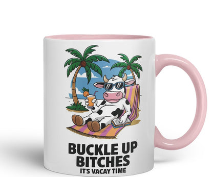 Vixar Buckle Up Bit... It’s Vacay Time Cow Coloured Ceramic Mug Cup Gift, 11oz (Black)