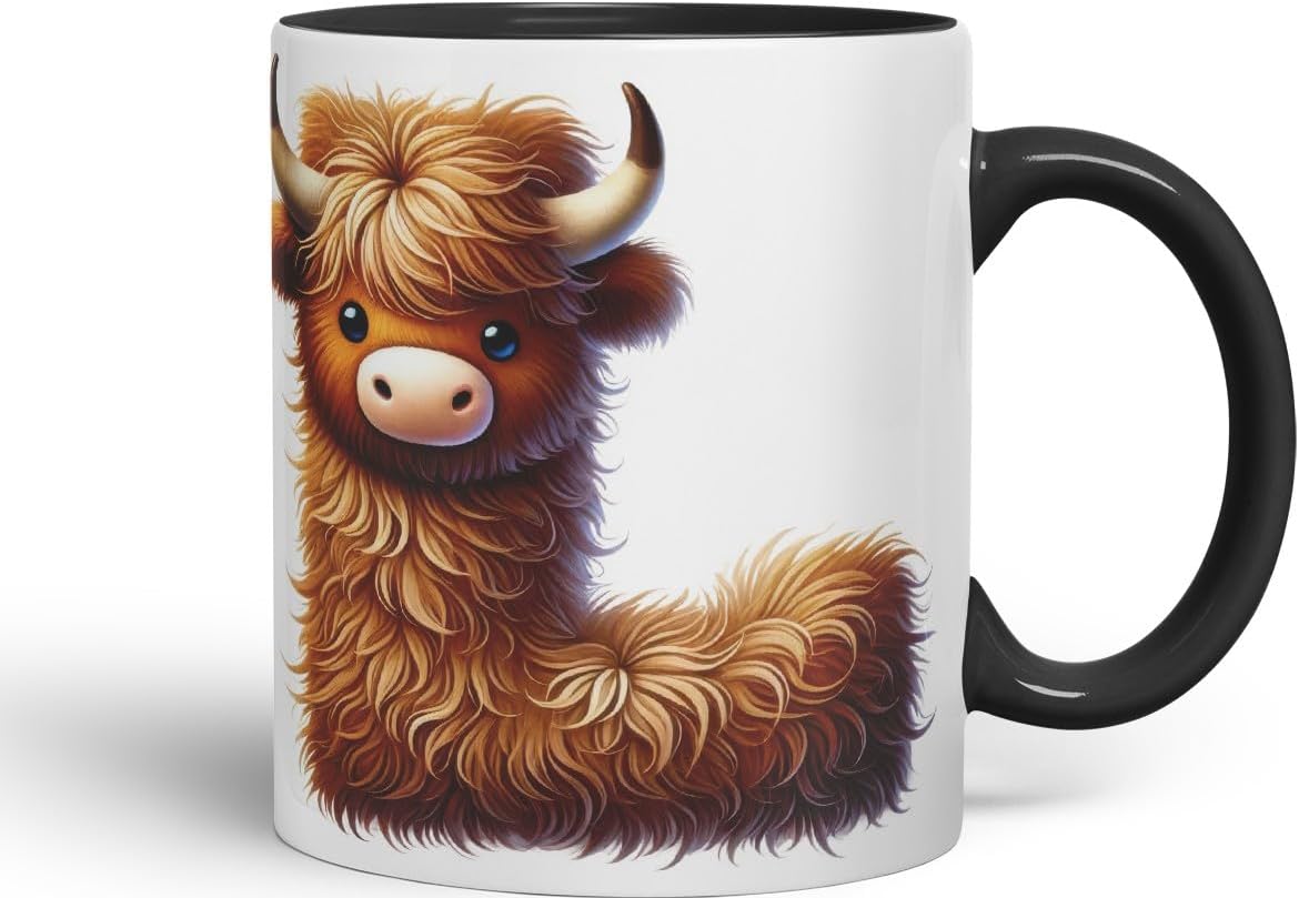 Highland Cow Alphabet Monogram Coloured Ceramic Cup Mug Letter L Rustic Farmhouse Animal Letter Gift V2 11oz (Black)