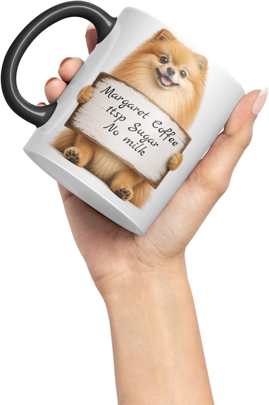 Vixar Personalised Pomeranian Mug with Name or Custom Message – Cute Animal Coloured Ceramic Mug Cup Gift, 11oz (Black)