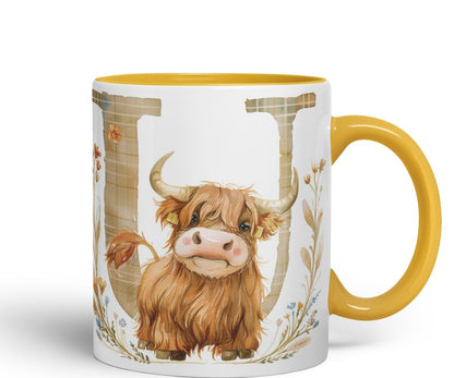 Vixar Highland Cow Alphabet Monogram Coloured Ceramic Cup Mug – Letter U – Rustic Farmhouse Animal Letter Gift – 11oz (Black)