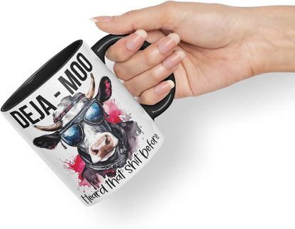 Vixar Deja Moo Heard That Sh.. Before Cow Joke Coloured Ceramic Mug Cup Gift, 11oz (Black)