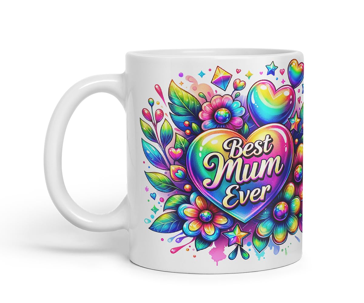 Vixar Best Mum Ever Rainbow Floral Mug – Coloured Ceramic Mug Cup Gift, 11oz (Black)