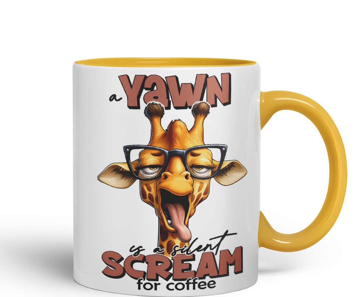 Vixar A Yawn is a Silent Scream for Coffee Giraffe Coloured Ceramic Mug Cup 11oz Funny Sarcastic Gift (Black)
