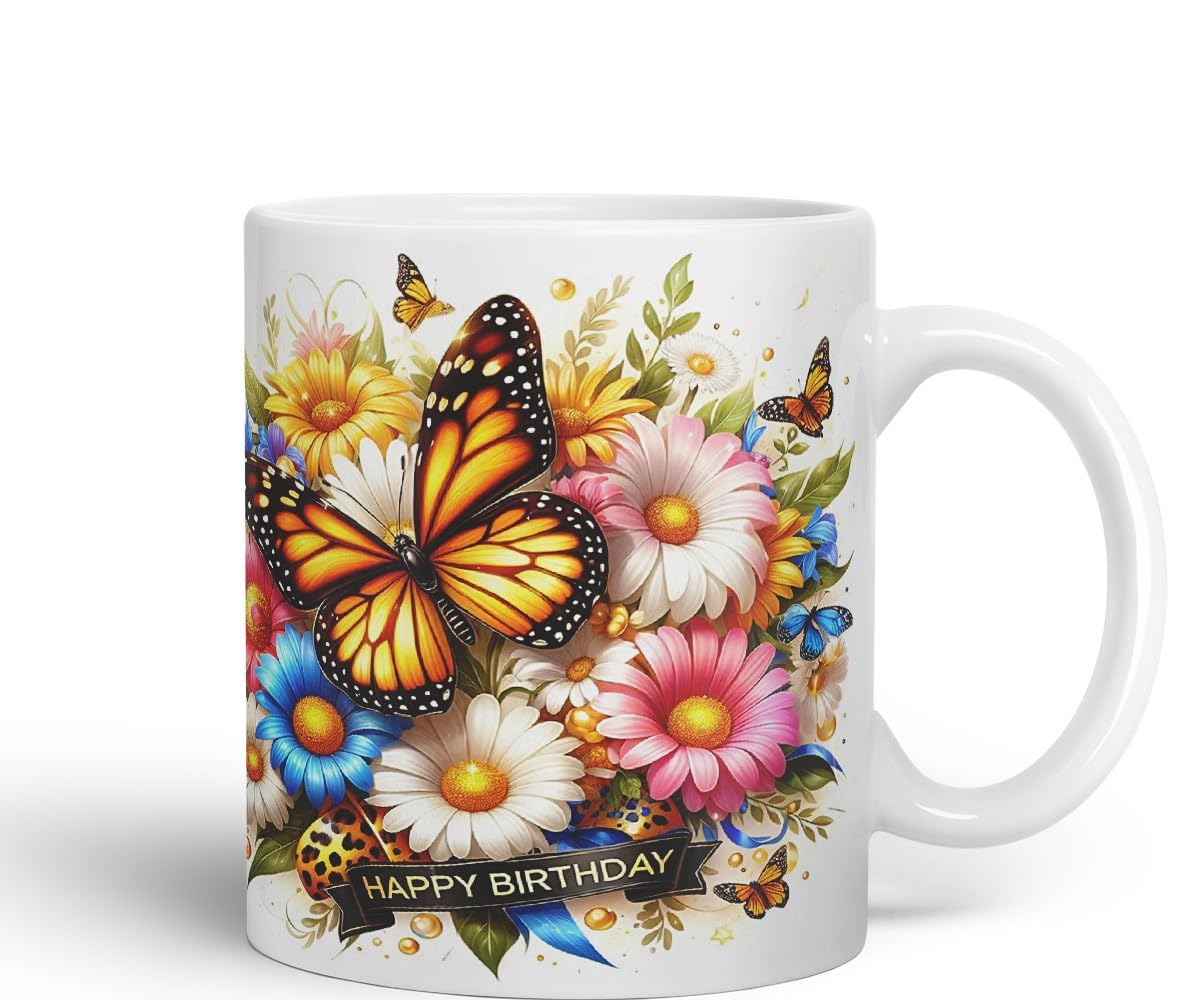 Vixar Happy Birthday Golden Butterfly Daisies Coloured Ceramic Mug Cup Gift 11oz V11 (Black)