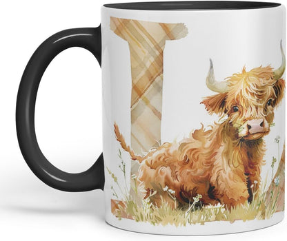 Vixar Highland Cow Alphabet Monogram Coloured Ceramic Cup Mug – Letter L – Rustic Farmhouse Animal Letter Gift – 11oz (Black)