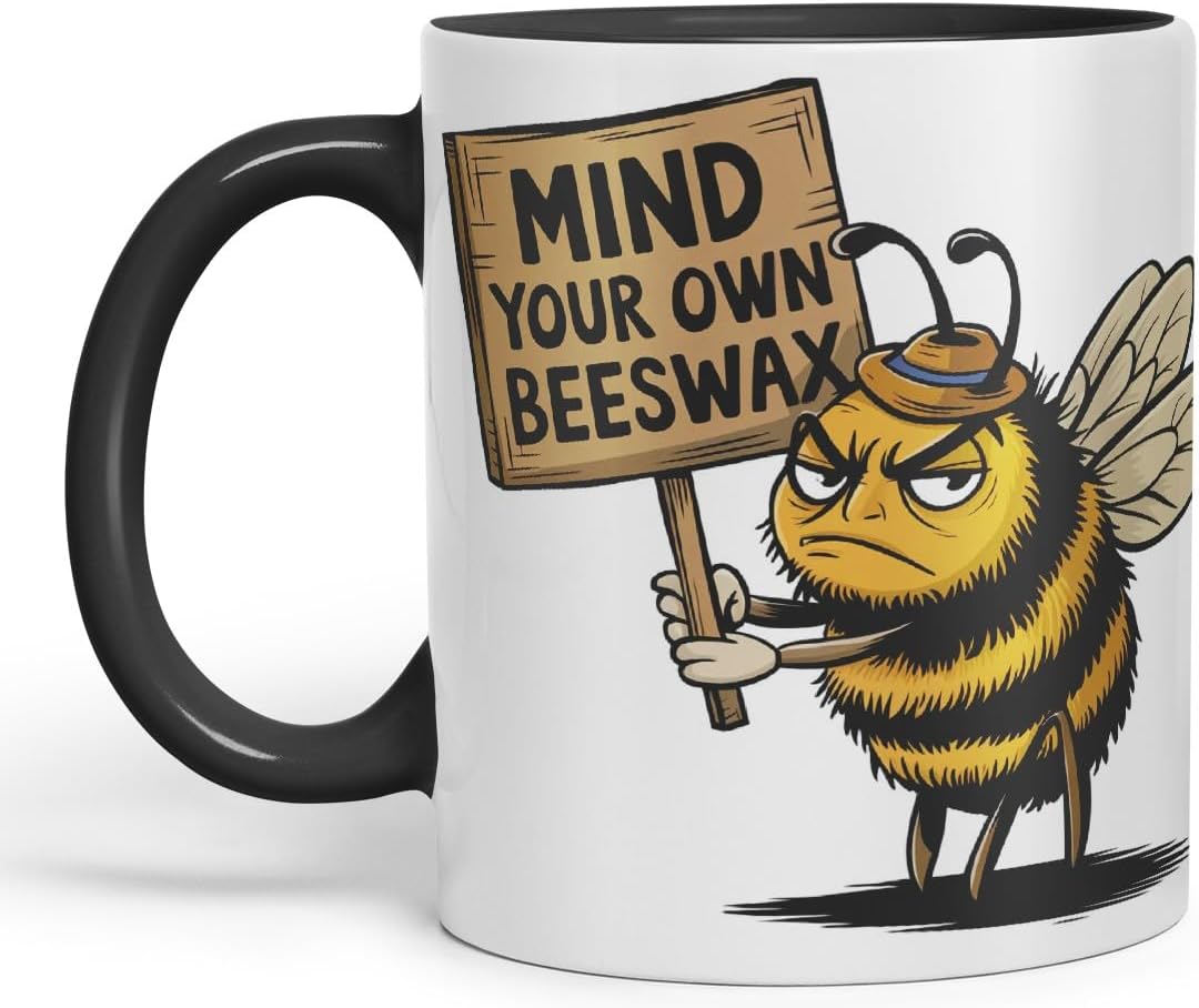 Vixar Mind Your Own Beeswax – Coloured Ceramic Mug Cup Gift, 11oz (Black)