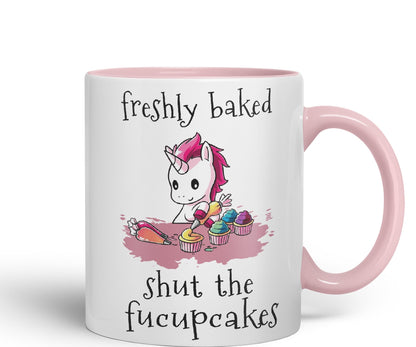 Freshly Baked, Shut The fucupcakes, Unicorn Sarcastic Joke Ceramic Coloured Mug Cup for Tea Coffee Hot Brew 330ml 11Oz