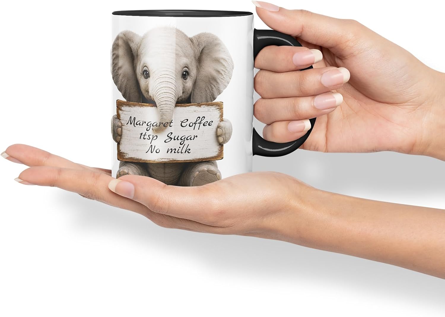 Vixar Personalised Elephant Mug with Name or Custom Message – Cute Animal Coloured Ceramic Mug Cup Gift, 11oz (Black)