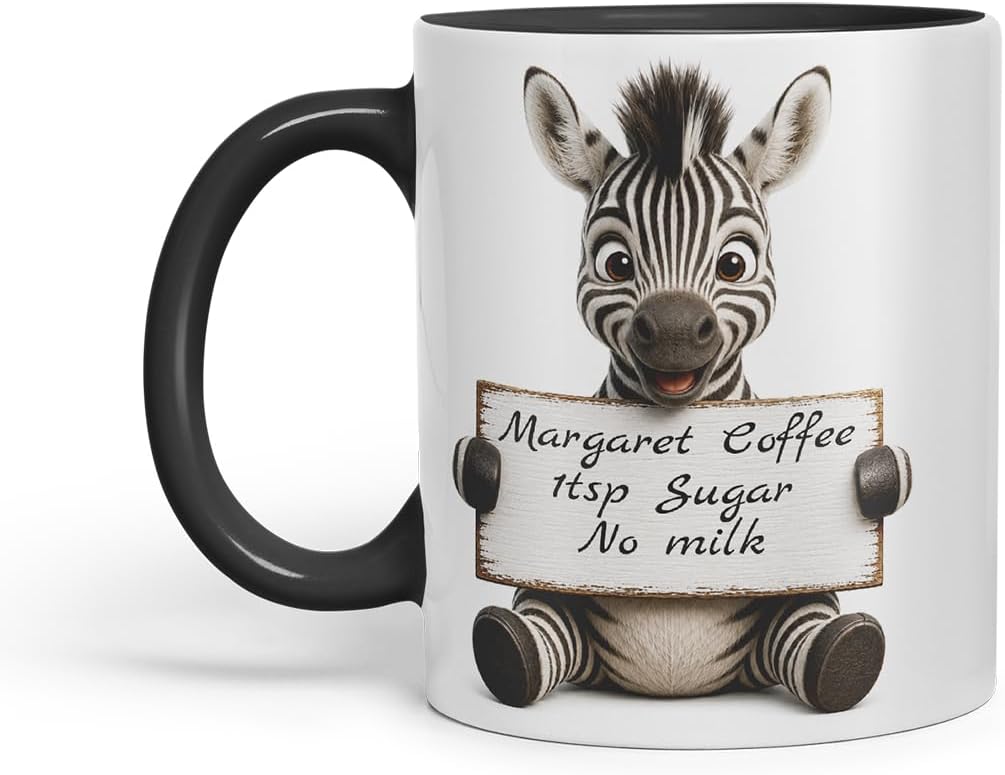 Vixar Personalised Zebra Mug with Name or Custom Message – Cute Animal Coloured Ceramic Mug Cup Gift, 11oz (Black)