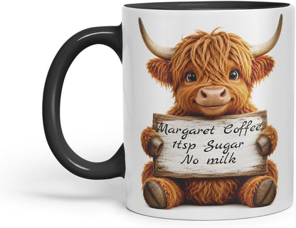 Vixar Personalised Highland Cow Mug with Name or Custom Message – Cute Animal Coloured Ceramic Mug Cup Gift, 11oz (Black)