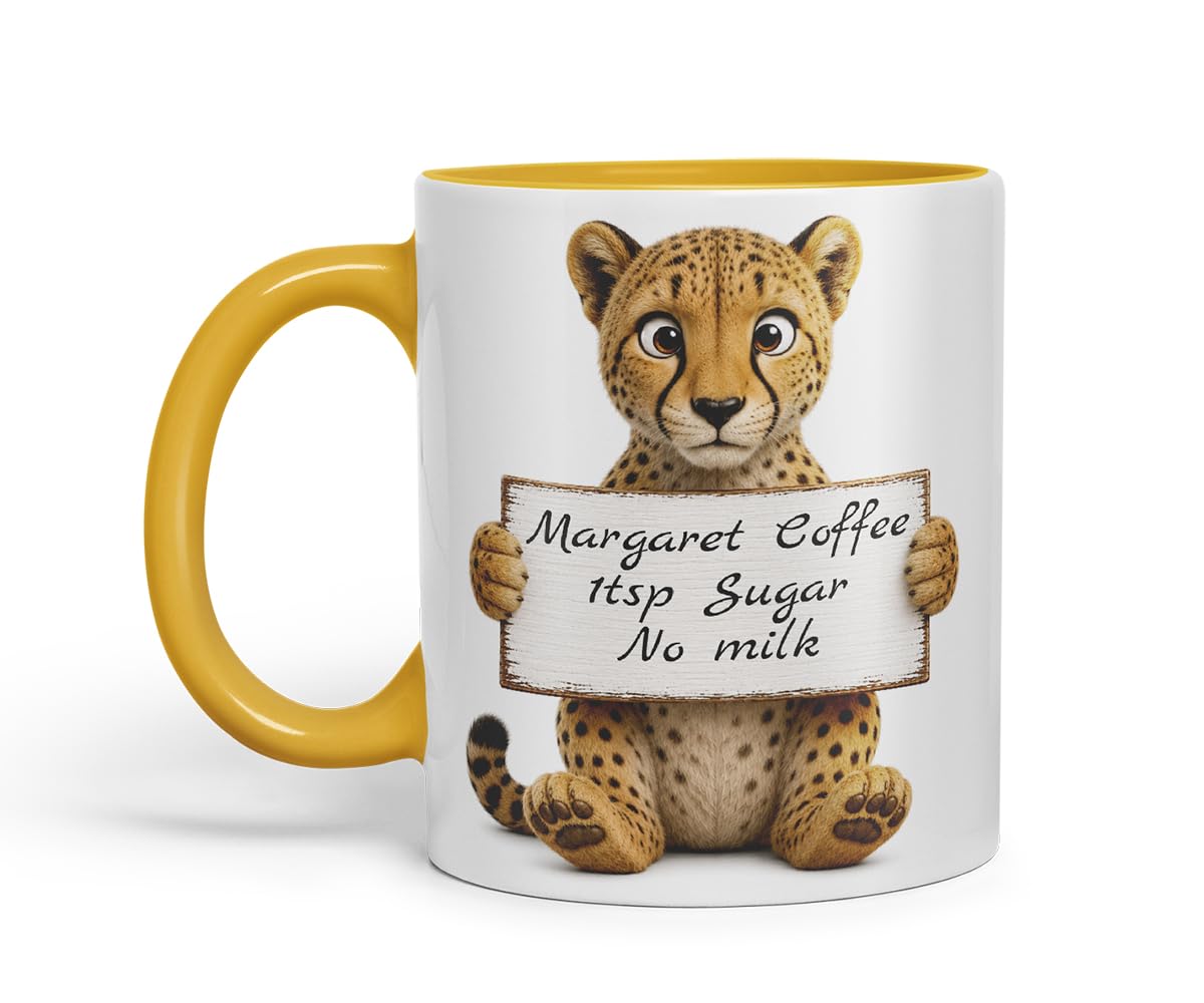 Vixar Personalised Cheetah Mug with Name or Custom Message – Cute Animal Coloured Ceramic Mug Cup Gift, 11oz (Black)