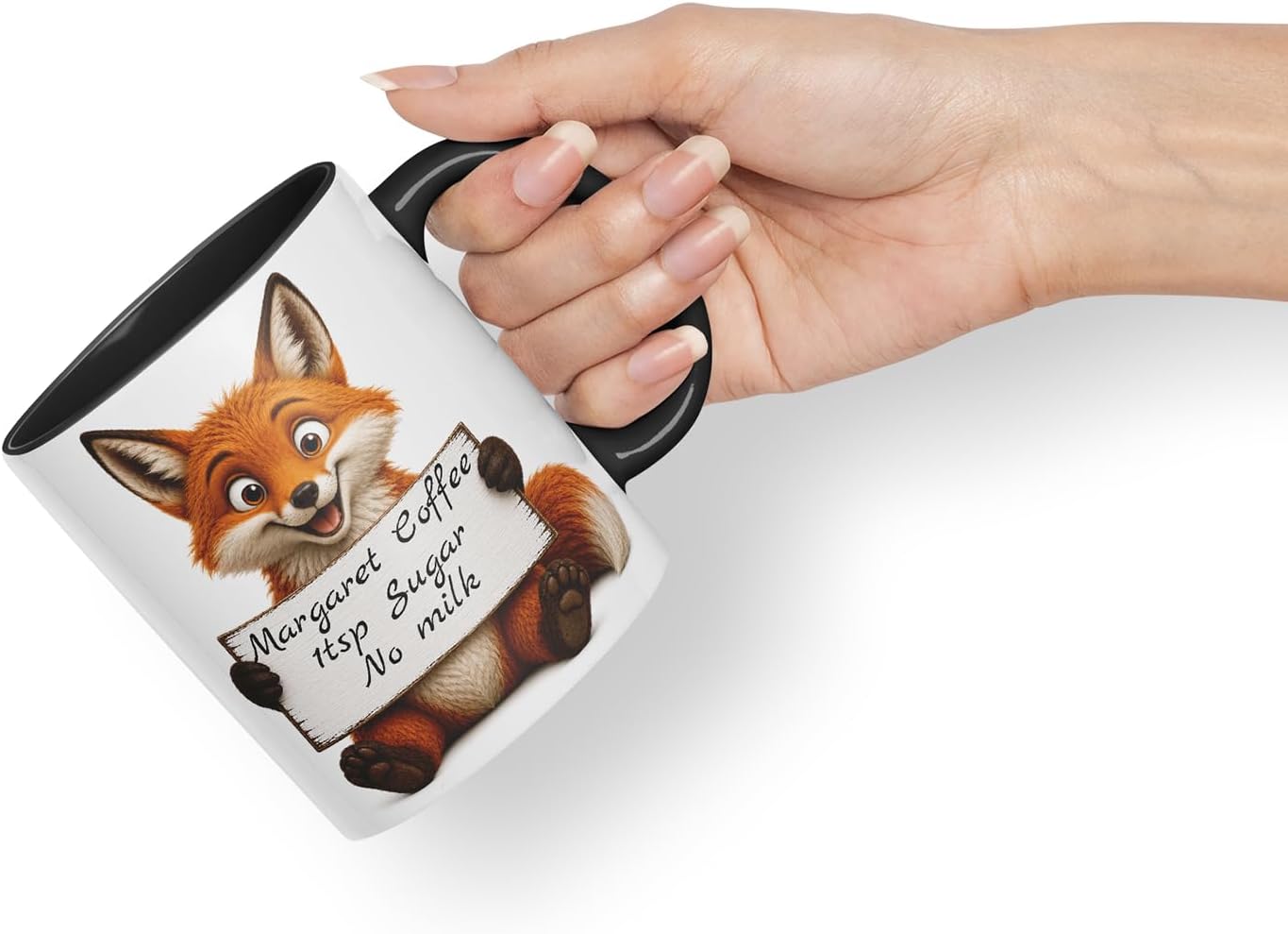Vixar Personalised Fox Mug with Name or Custom Message – Cute Animal Coloured Ceramic Mug Cup Gift, 11oz (Black)