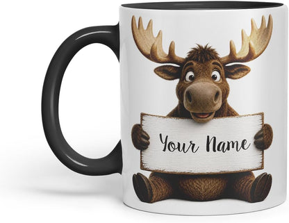 Vixar Personalised Moose Mug with Name or Custom Message – Cute Animal Coloured Ceramic Mug Cup Gift, 11oz (Black)