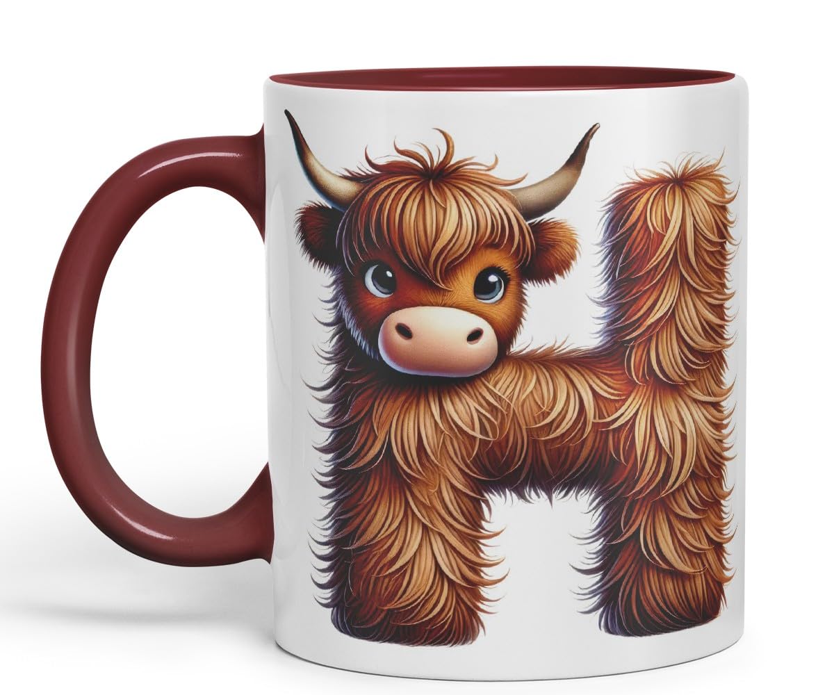 Highland Cow Alphabet Monogram Coloured Ceramic Cup Mug Letter H Rustic Farmhouse Animal Letter Gift V2 11oz (Black)