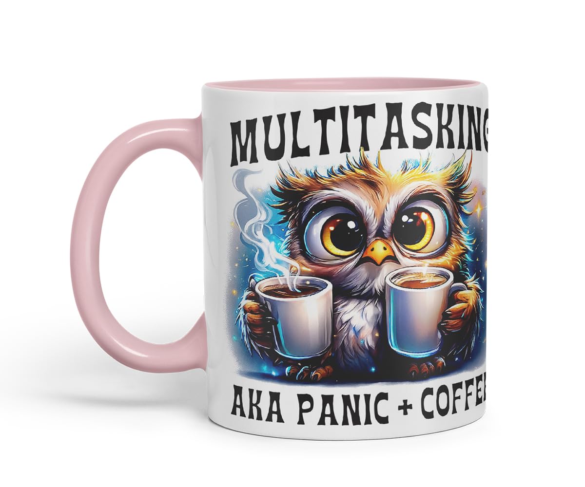Vixar Multitasking AKA Panic Plus Coffee Funny Owl Mug – Coloured Ceramic Mug Cup Gift, 11oz (Black)
