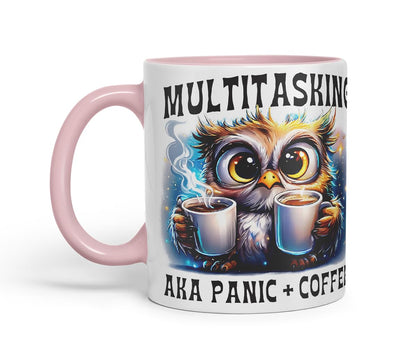 Vixar Multitasking AKA Panic Plus Coffee Funny Owl Mug – Coloured Ceramic Mug Cup Gift, 11oz (Black)