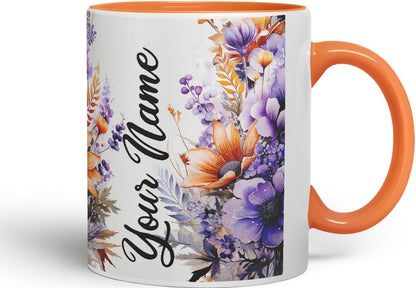 Vixar Personalised Orange Daisy Mug – Custom Your Name Coloured Ceramic Mug Cup Gift, 11oz (Orange)