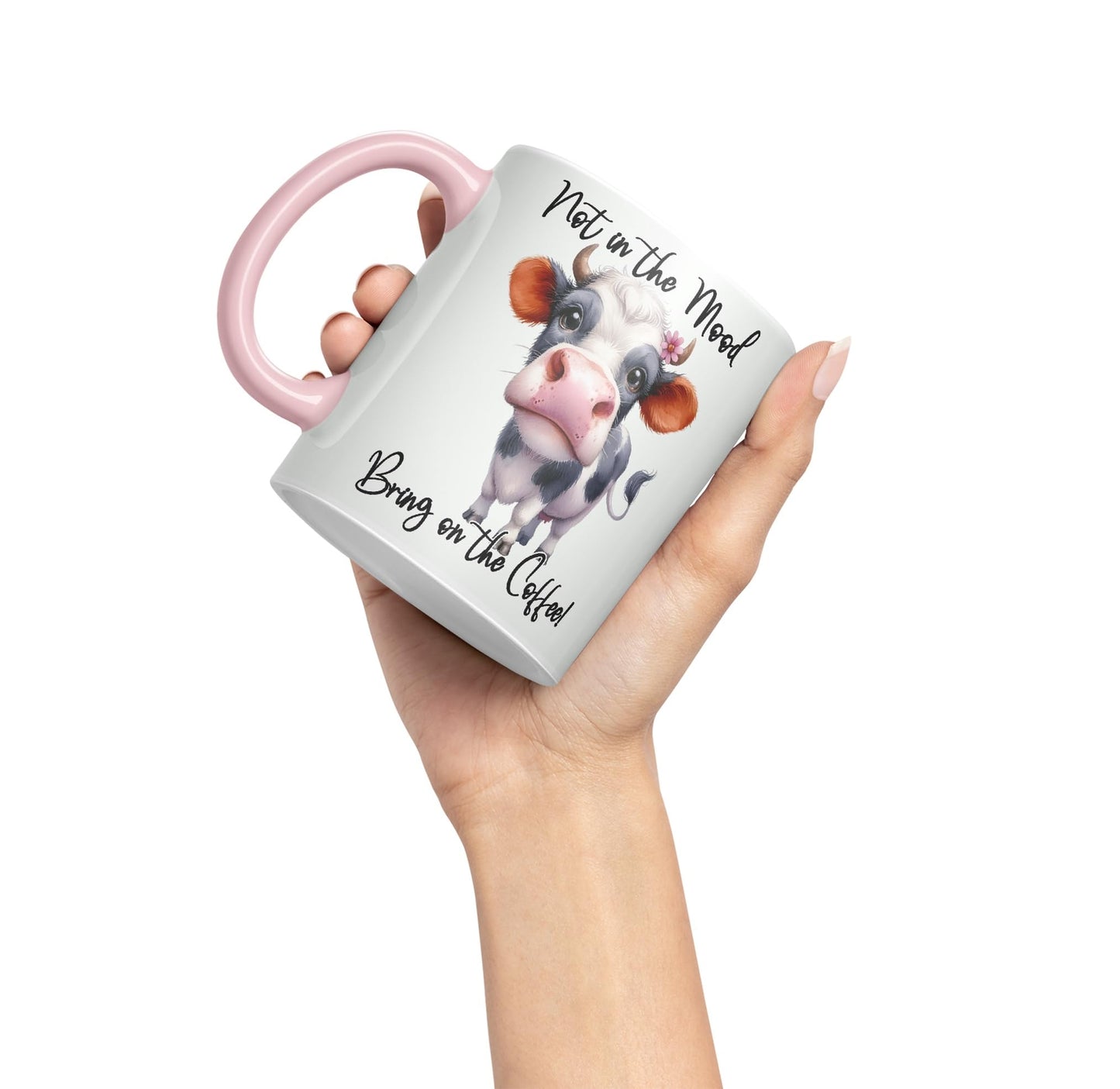 Not in The Mood Bring on The Coffee Cow Joke sarkasm Sarcastic Ceramic Coloured Mug Cup for Tea Coffee Hot Brew 330ml 11Oz Gift