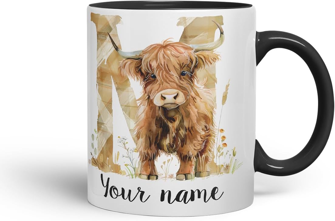 Vixar Personalised Highland Cow Initial Letter M Custom Name Mug – Coloured Ceramic Mug Cup Gift, 11oz (Black)