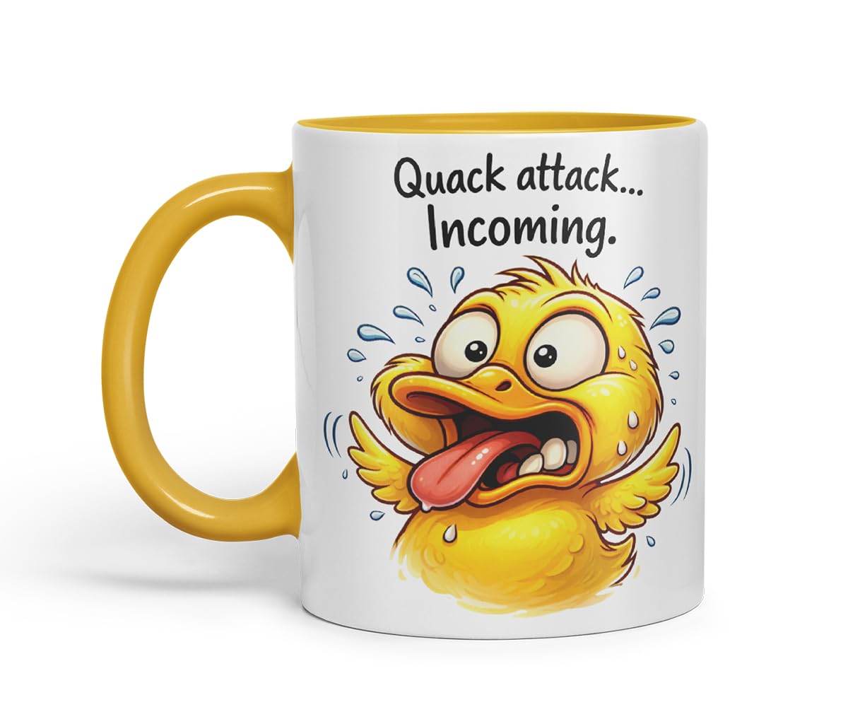 Vixar Quack Attack Incoming Funny Duck Mug – Coloured Ceramic Mug Cup Gift, 11oz (Black)