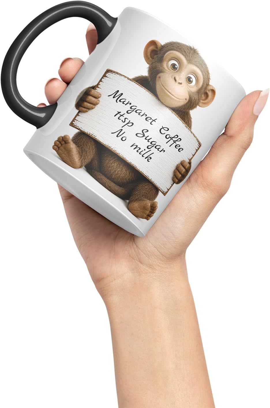 Vixar Personalised Monkey Mug with Name or Custom Message – Cute Animal Coloured Ceramic Mug Cup Gift, 11oz (Black)