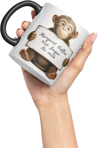 Vixar Personalised Monkey Mug with Name or Custom Message – Cute Animal Coloured Ceramic Mug Cup Gift, 11oz (Black)