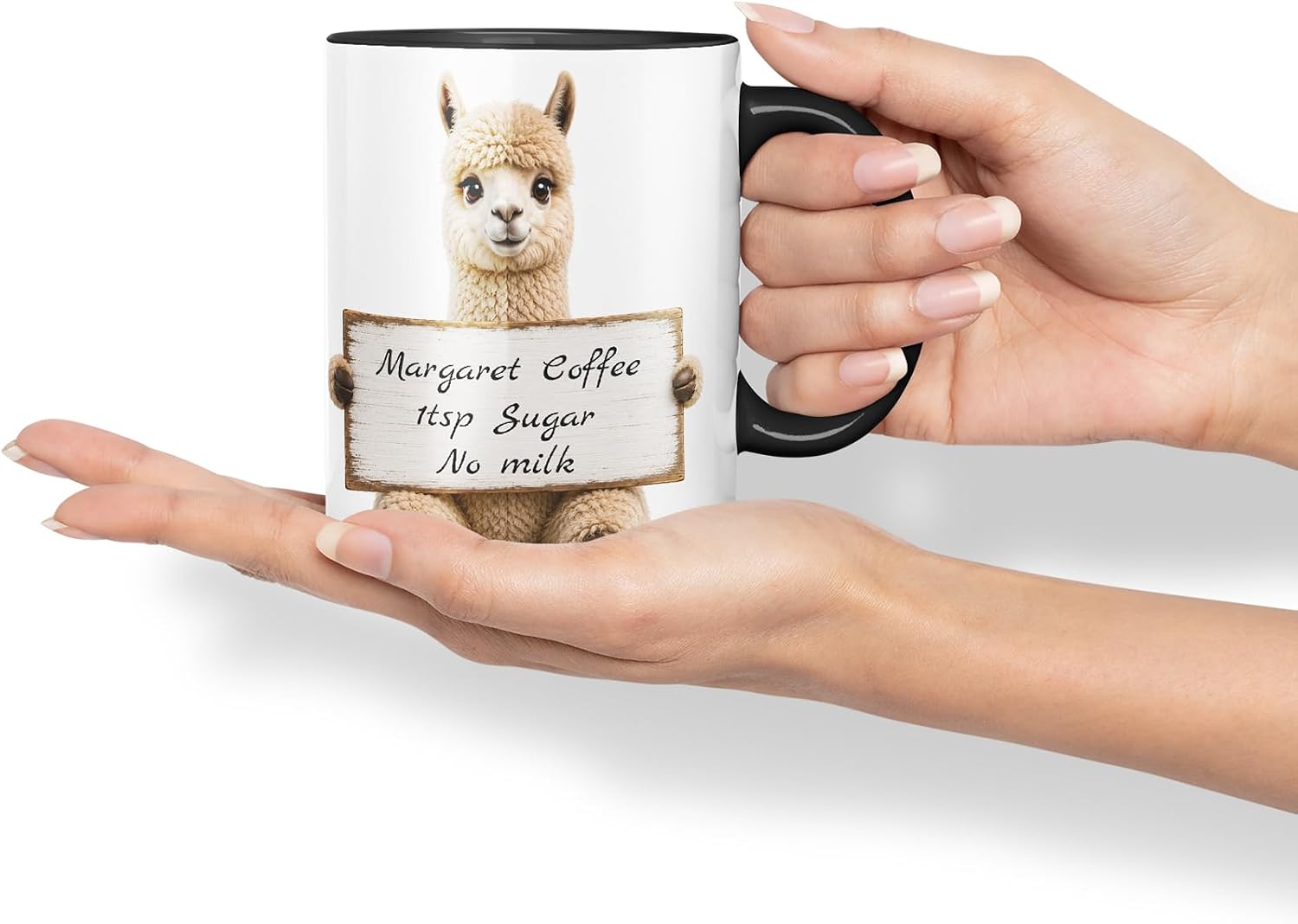Vixar Personalised Alpaca Mug with Name or Custom Message – Cute Animal Coloured Ceramic Mug Cup Gift, 11oz (Black)