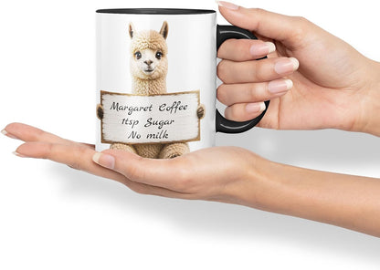 Vixar Personalised Alpaca Mug with Name or Custom Message – Cute Animal Coloured Ceramic Mug Cup Gift, 11oz (Black)