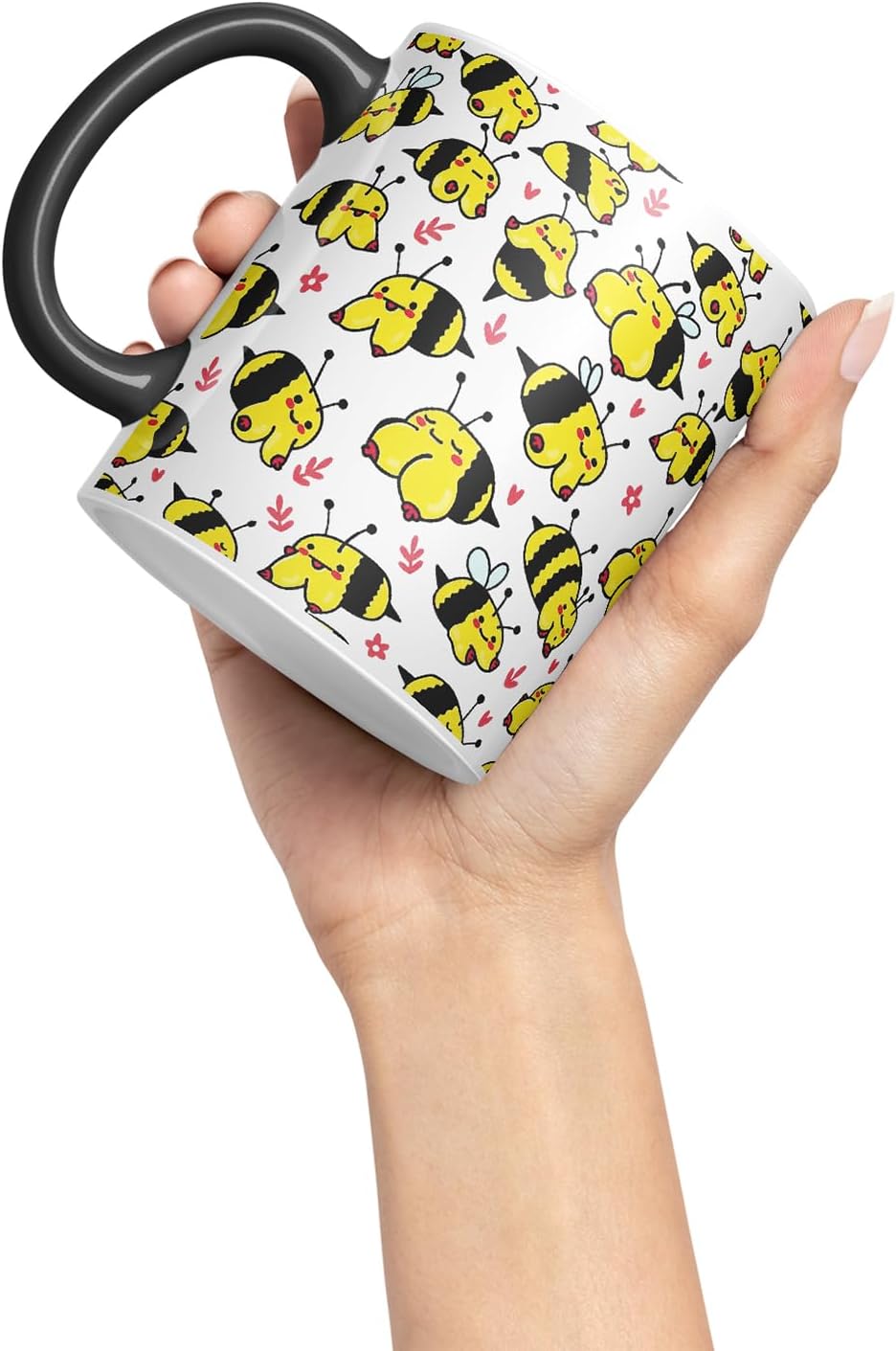 Vixar Cute Bee Breasts, Tits, Pattern Mug – Coloured Ceramic Mug Cup Gift, 11oz (Black)