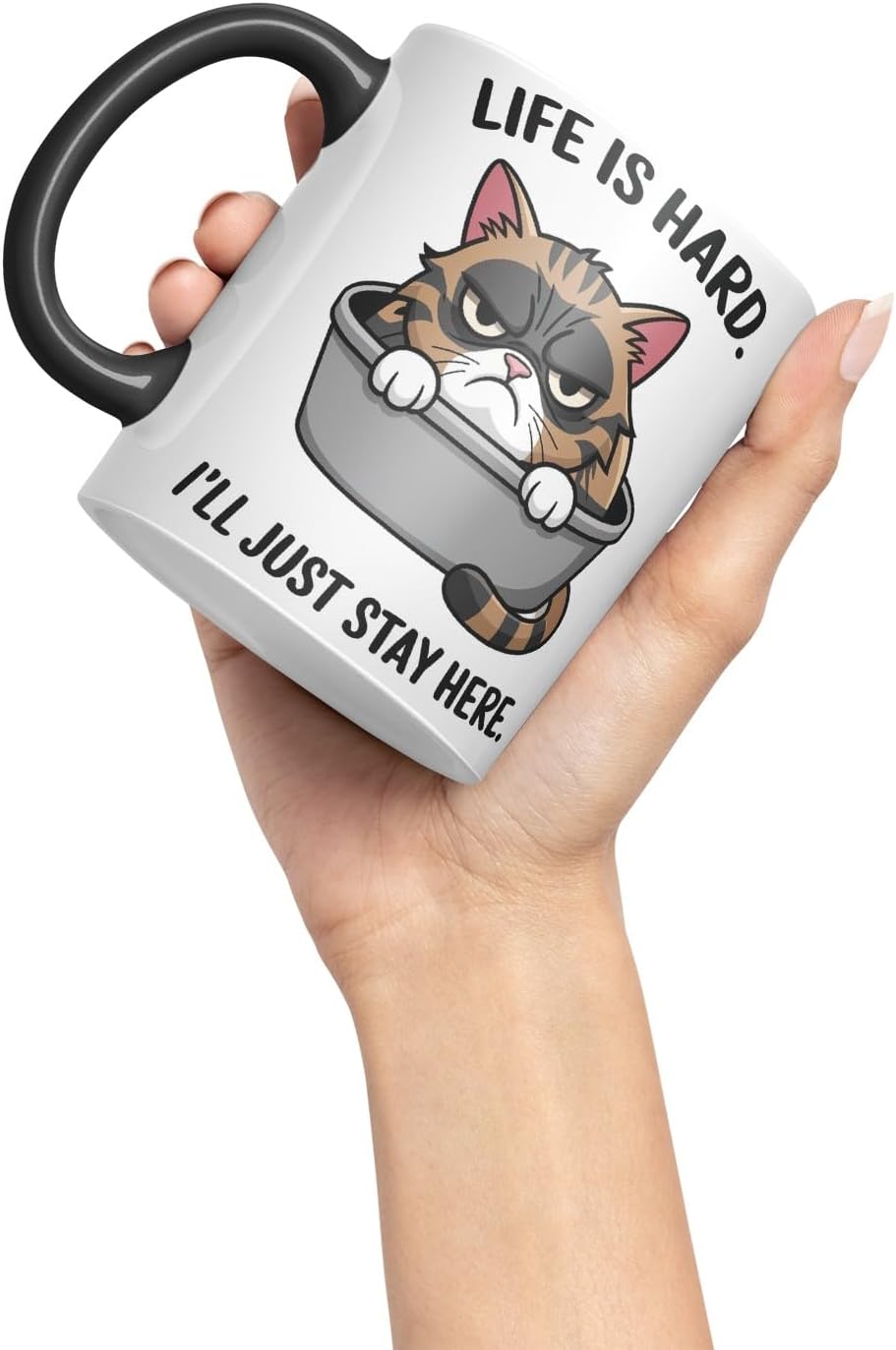 Vixar Life is Hard I’ll Just Stay Here Cat Mug – Coloured Ceramic Mug Cup Gift, 11oz (Black)