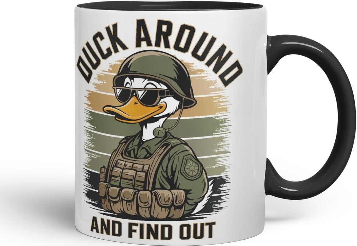 Vixar Duck Around and Find Out – Coloured Ceramic Mug Cup Gift, 11oz (Black)